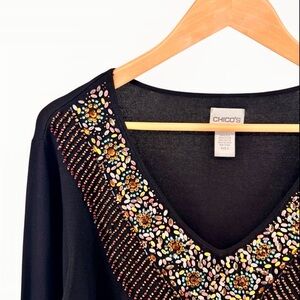Chicos Viveca Beaded Silk Blend Sweater Sz 2/L Black Colorful Embellished V Neck